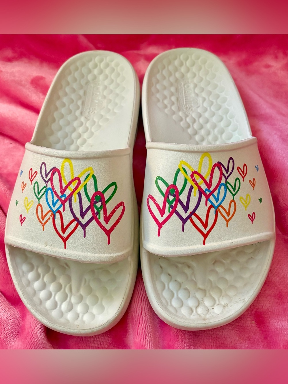 Skechers White Slide Sandals with Rainbow Heart Design